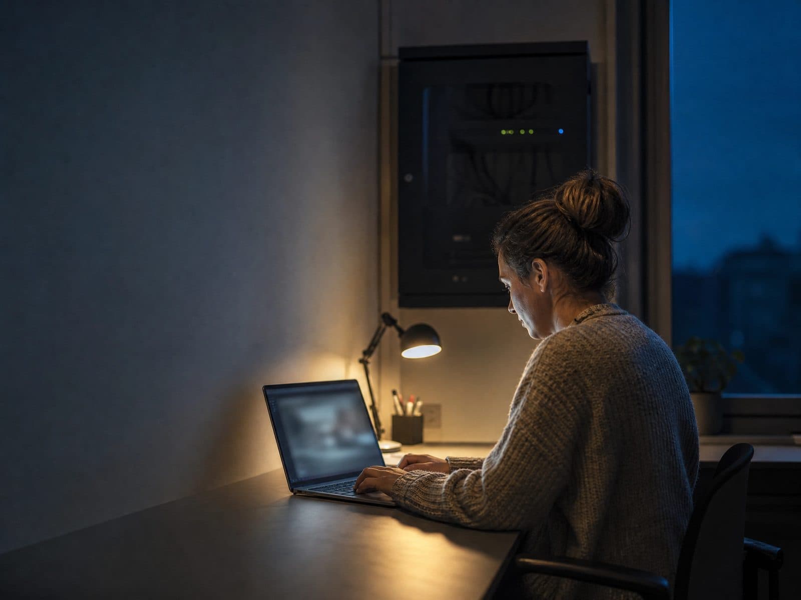 Företagare arbetar kvällstid vid sin laptop på kontoret