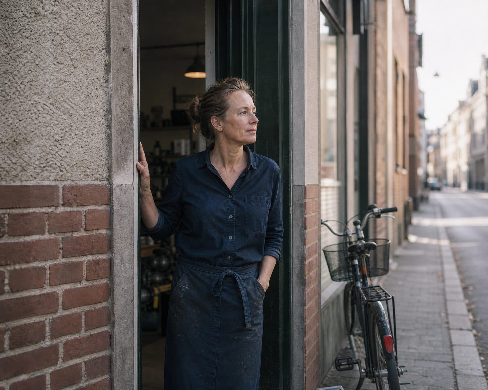 Företagare i dörren till sin verkstadslokal en tidig morgon