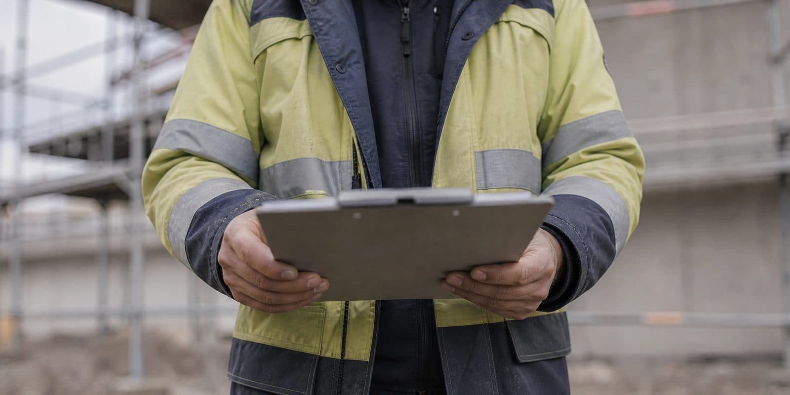 Arbetsledare med checklista på en byggarbetsplats